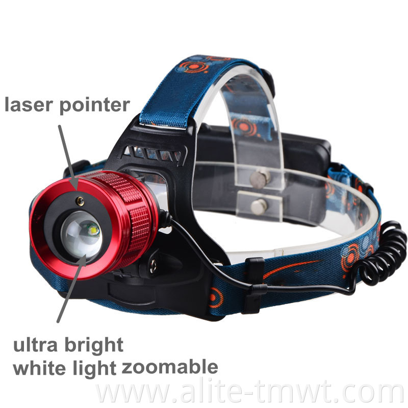 Zoom Adjustable Beam Headlamp LED Head Light 18650 Rechargeable Head Torch with Red Laser Pointer